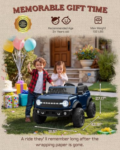 First Ride On 24V 2 Seater Ride on Toys for Big Kids, Licensed Ford Bronco Base Electric Car with Remote Control, Ride on Truck w/Seat Belts, 3 Speeds, Spring Suspension and Bluetooth (Blue) - color: Blue