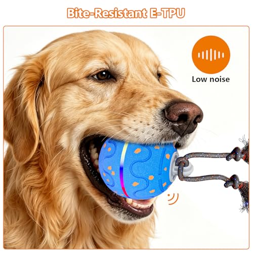 Interactive Dog Ball Toy with 2 Rope, Automatic Rolling & Bouncing Smart Dog Toy with Bird Chirping Sound and LED Light, Soft ETPU Chew-Safe Material, USB Rechargeable, for Medium & Large Dogs