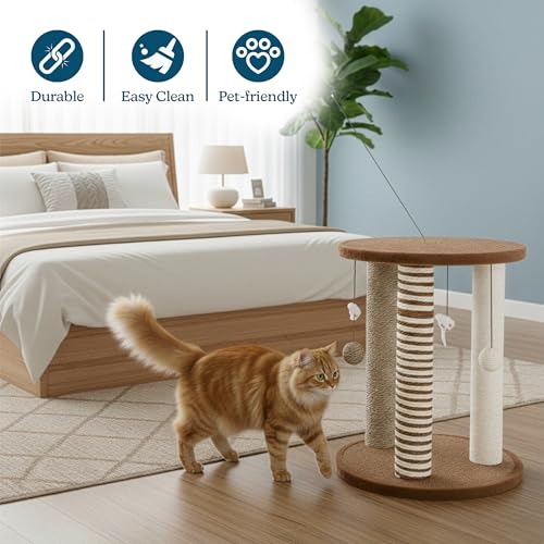Cat Scratching Post - 3 Scratcher Posts with Carpeted Base Play Area and Perch - Furniture Scratching Deterrent for Indoor Cats by PETMAKER (Brown), Large - color: Brown