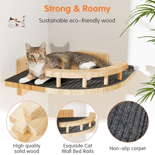 Cat Wall Shelves with 3 Steps, Wooden Cat Wall Furniture up to 15lbs, Floating Stairs for Small/Medium Cats, Kitty Wide Climber Shelf with Cozy Perch for Indoor, Sleeping, Jumping, Playing - size: Corner