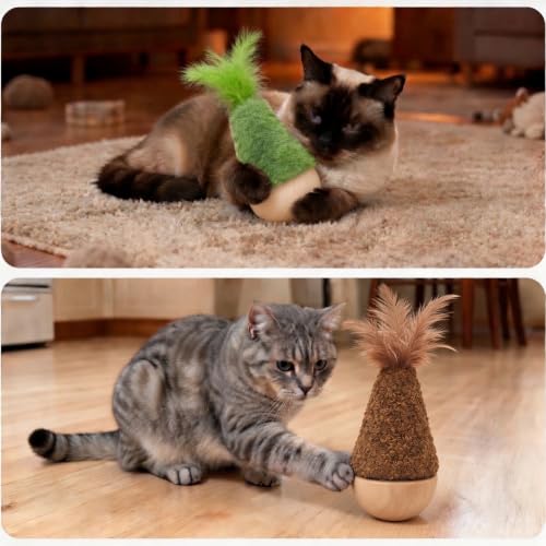 2 Pack Cat Feather Toys Wooden Tumbler - Interactive Wobble Self-Righting Plush Stuffed Toys for Indoor Cats & Kittens, Catnip Free Cute Kicker Chaser Set
