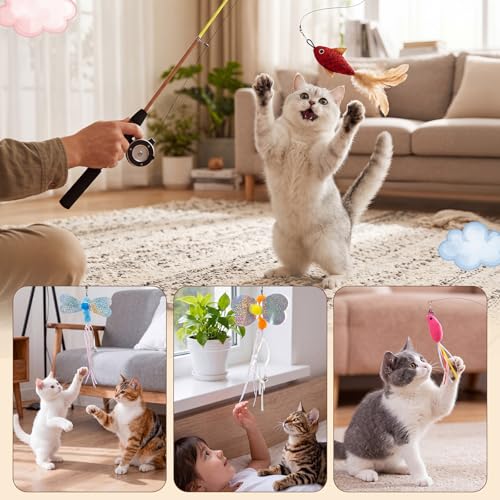 Outus 16 Pcs Cat Fishing Pole Toy with Feather Refills Toy for Indoor Cats