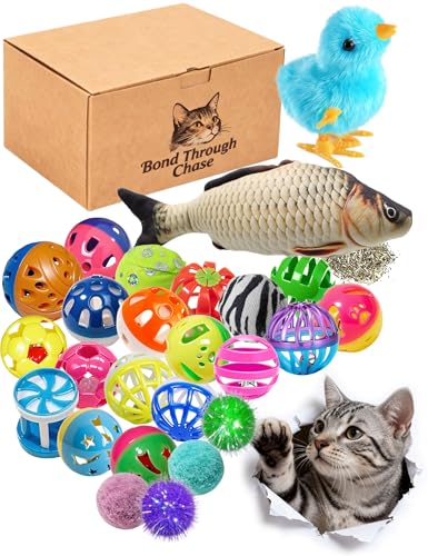 35-Pack Jingle Balls Catnip Fish Wind-Up Chick for Kittens - size: 1.5'' - 8.3'', 35-Pack