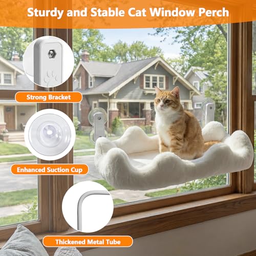 Homegroove Cat Window Perch, 24 x 12 Inch Foldable Cat Hammock for Window with 4-Sided Bolster & 4 Large Suction, Cloud Shape Cordless Window Bed for Indoor Cats (White, Large(24'' x 12'')) - color: White