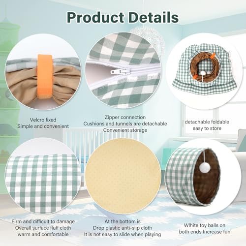 BWOGUE Bunny Tunnel Bed, 2-in-1Collapsible Rabbit Tunnel Hideout with Mat - color: GreenPlaid