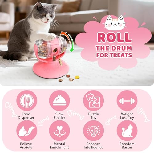 Interactive Cat Treats Dispenser Toy, Puzzle Feeder Food Dispenser, Kitty Interactive Enrichment Toys, Dispensing Foods Slow Feeder National Pet Day Gifts for Indoor Cats IQ Training, Pink - color: Pink