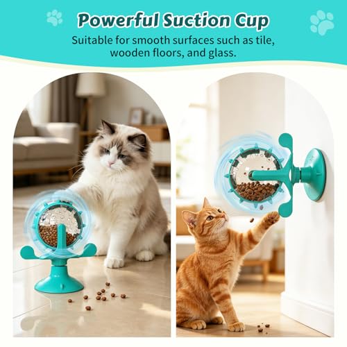 Cat Food Treat Dispenser Toy Interactive with 360°Rotating Windmill Suction Cup for Indoor Cats, Kittens & Small Dogs Slow Feeder Snack Exercise & Distribution Wheel Toy - color: Blue- Pinwheel, size: Pinwheel