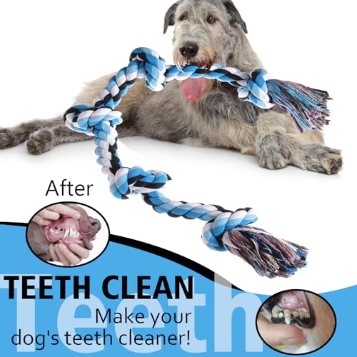 XIGOU Dog Rope Toys for Large Dogs Aggressive Chewers, Dog Chew Toys for Large Breed Indestructible, Heavy Duty Tough 3 Feet 5 Knots Dog Toy, Sturdy Rope toy for Dogs Tug of War Dog Toy Teeth Cleaning - color: Blue