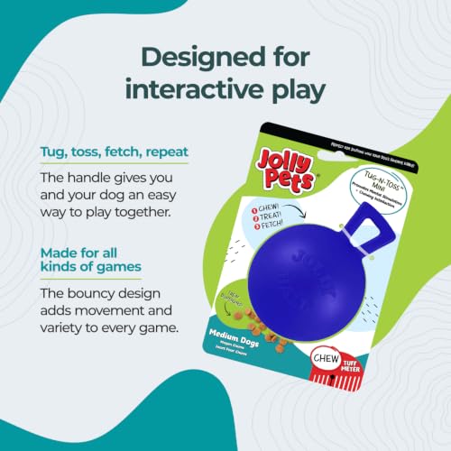 Jolly Pets Tug-n-Toss Heavy Duty Dog Toy Ball with Handle, 4 Inches/Petite, Blue (404 BL),Small Breeds - color: Blue, size: 4 inches/Petite