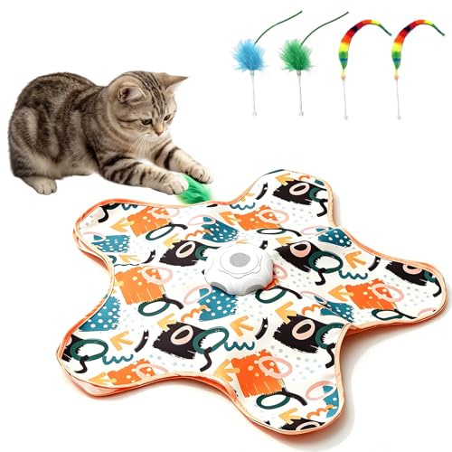 Interactive Cat Toy for Indoor Cats,Rechargeable Touch Activated Hide and Seek Cat Toys with Bird Squeaky,2000 mAh Battery,Cats Feather Toy with 4 Cat Wands Colorful,for All Breeds