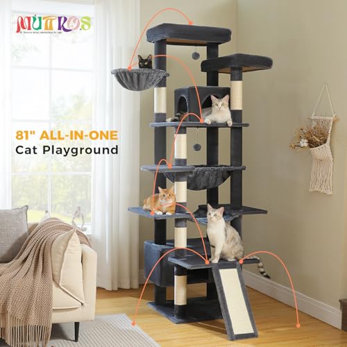 MUTTROS 81" Heavy Duty Cat Tree for Large Cats, Tall Cat Tower, Dark Gray - color: Dark Grey, size: 81in