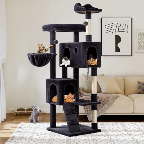 Allewie 64 Inches Multi-Level Cat Tree Tower for Indoor Cats, Dark Grey - color: Dary Grey