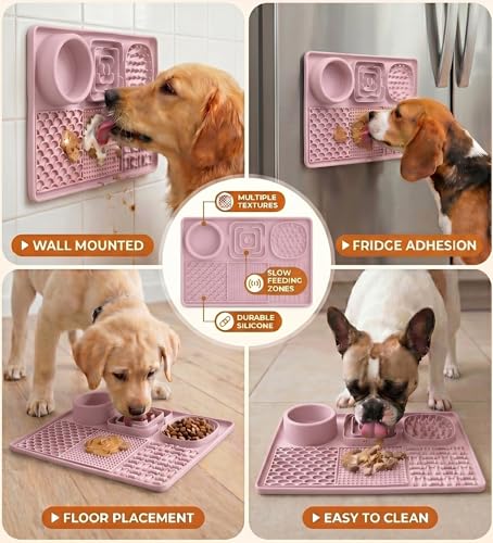Dog Lick Mat with Suction Cups, Slow Feeder Lick Pad for Anxiety Relief, Peanut Butter Mat for Dogs & Cats, Food Grade Silicone (Pink) - color: Pink