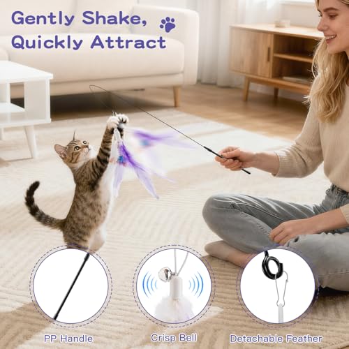 Pawaboo Cat Feather Wand Interactive Toy, 2 Feathers + 1 Wand with Bell - color: Purple