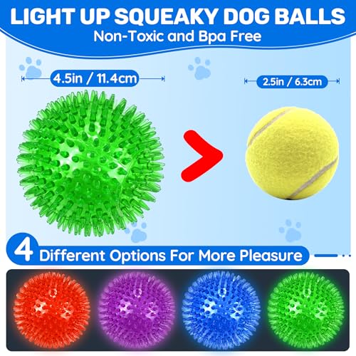 4 Pack 4.5" Light Up Squeaky Dog Balls, Spiky Dog Toy Balls for Medium Large Dogs - size: 4.5 Set of 4