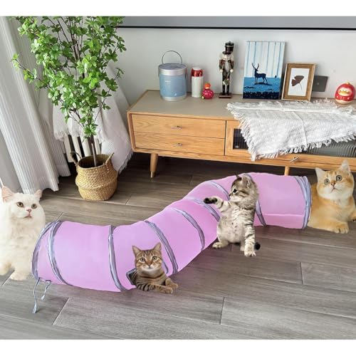 2-Way Long Collapsible Cat Tunnel Tube Toy Pink - color: Pink Grey