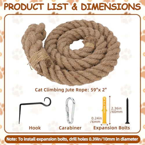 2" x 4.92Ft Cat Climbing Jute Rope with Hook for Wall Mounting - size: 59 IN(1.5M)