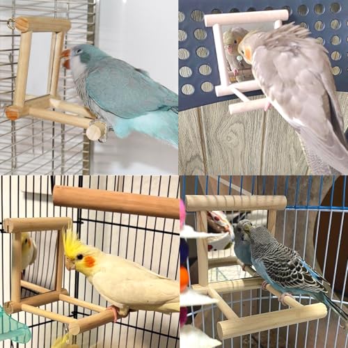 Bird Mirror Parakeet Mirror Perch Stand Wooden Swing Mirror Toy Cage Accessories for Cockatiel Parakeet Budgie Lovebird Small Parrots - size: 1 Pcs