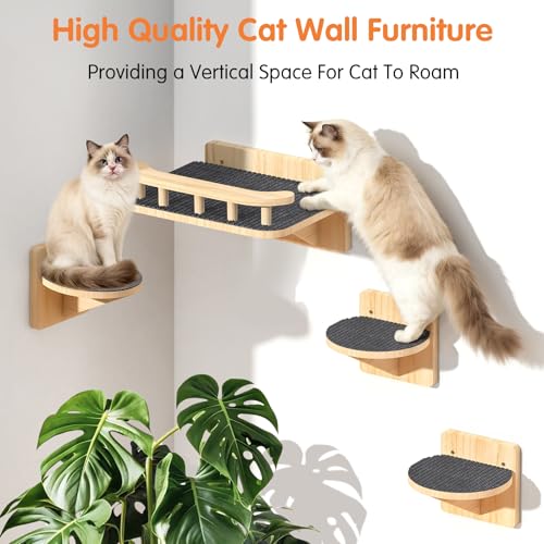 Cat Wall Shelves with 3 Steps, Floating Cat Shelves for Wall with Wide Perch, Modern Wood Wall Mounted Furniture up to 15lbs, Climber Shelf for Small/Medium Cats Sleeping,Jumping, Playing - size: Rectangular