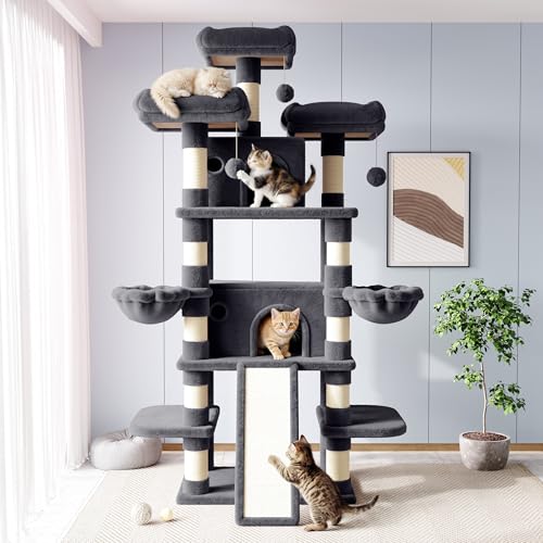 Allewie 82 Inches Large Cat Tree/House/XXL Tall Cat Towers for Big Feline/Scratching Post/Multi-Level Large Kitty Climbing Tree with Condo/Smokey Grey - color: Smoky Grey, size: 82 in