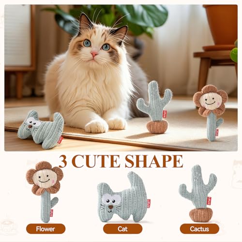 LIFLIX 3PCS Catnip Cat Toys, Cute Cat Nip Plush Toys for Indoor Cats, Interactive Small Cat Kicker Toys(3 Shapes) - color: Cactus, Cat, and Flower 3-Piece Set