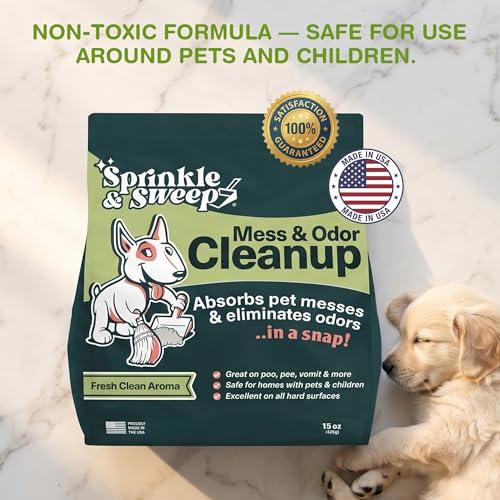 Sprinkle & Sweep: Pet Mess & Odor Cleanup Duo - 15oz Bag & Dustpan Broom - Dog Accident Clumping Powder, Remove Urine-Poop-Vomit from Hard Services - style: 1 Bag + Sweeper Kit