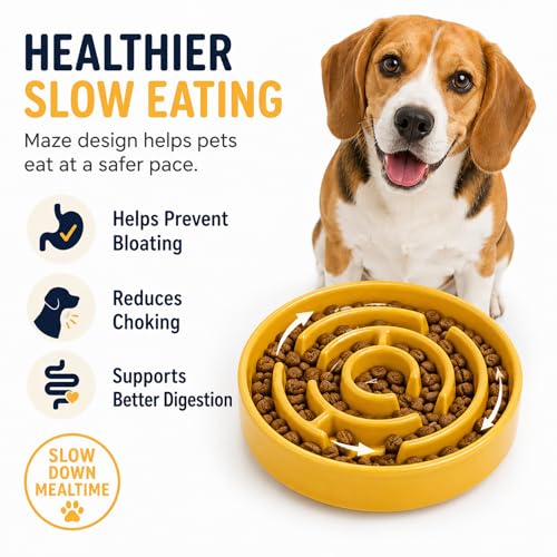 Ceramic Slow Feeder Dog Bowl,1.5 Cups Pet Slow Feeder for Small and Medium Breed,Puzzle Dog Food Dish,Anti-Gulping,Stop Bloat,Preventing Choking(Yellow) - color: Yellow