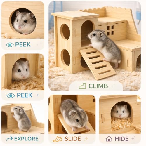Tiny Hamster Maze Wood House Fun Slide House Double-Decker Hut for Dwarf Gerbil Mouse Mice Rat Small Animals(Only for Small Hamster)