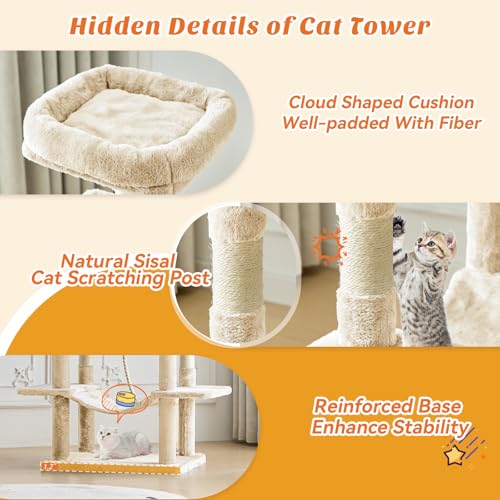 DUMOS Large 66 Inch Cat Tree Tower with Scratching Posts, Indoor Use - color: Beige, size: 66 Inch