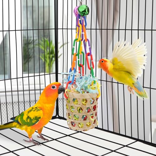 Wontee Bird Toys Colorful Shredding Crinkles Foraging Toys Natural Sola Ball for Parrots Cockatiels Conures Parakeets Budgies Senegal (Bamboo Basket (1 Pack))