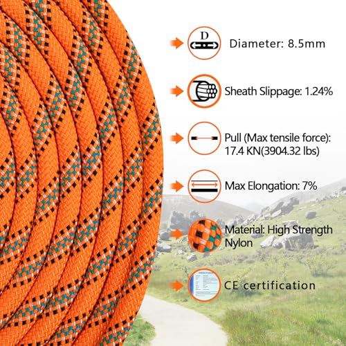 AOLEBA 8.5mm Static Climbing Rope, Outdoor Rock Climbing Ropes, Heavy Duty Rappelling Rope for Fire Rescue, Escape, 10M(32Ft) 20M(64Ft) 30M(96Ft) Ice Climbing Equipment & Parachute Accessories - color: Orange, size: 96FT