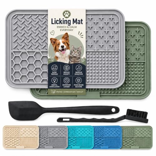 Dog Lick Mat for Dogs & Cats, 2 Pack Silicone Lick Pad with Strong Suction Cups, Slow Feeder Mat for Bathing, Grooming, Anxiety Relief, Peanut Butter, Wet Food & Treats - color: Gray+Green