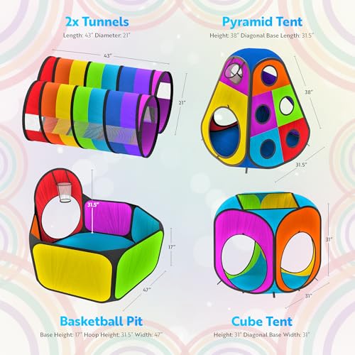Playz 5pc Pop Up Play Tent and Crawl Through Tunnels for Kids w/Carry Bag - color: Rainbow Multicolor