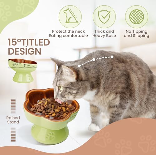 S&Q's CERAMICS Raised Cat Bowl, Elevated Cat Bowl for Food and Water, Ceramic Titled Dish, Anti Vomit & Whisker Friendly, Microwave and Dishwasher Safe (Brown, 5.8") - color: Brown