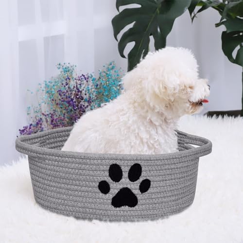 Small Woven Dog Toy Basket with Handle, Cute Paw - color: Grey