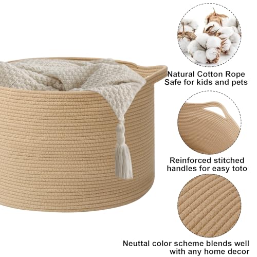65L Large Blanket Basket,Woven Rope Laundry Basket-Camel - color: Camel, size: 19.7"L x 19.7"W x 13"H(65L)