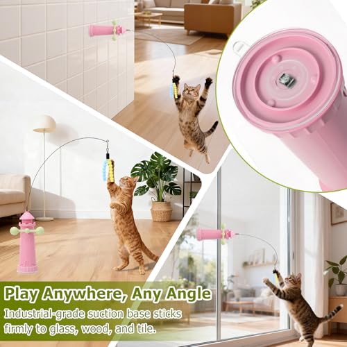 Interactive Cat Toys for Indoor Cats, Windmill Feather Cat Teaser Wand, Bouncy Kitten Toys with Strong Suction Cup Base for Bored Felines & Self-Played Enrichment Pink - color: Pink