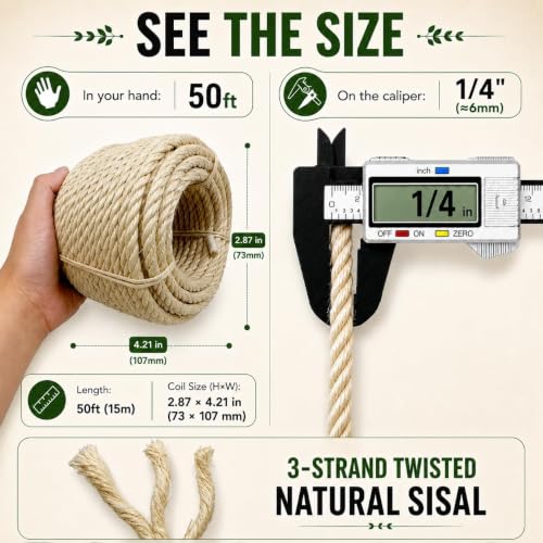 Sisal Rope for Cat Tree 1/4 Inch x 50 ft Replacement Twine - size: 1/4" × 50FT