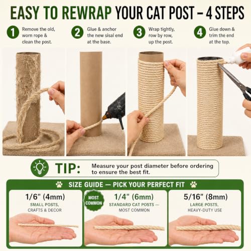 Sisal Rope for Cat Tree 5/32 Inch x 165 ft Scratcher Twine - size: 5/32" × 165FT