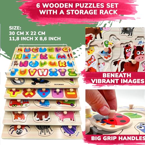 Wooden Puzzles for Toddlers 1-3 - 6X Set Toddler Puzzles Ages 2-4 with Rack - color: Set of 6