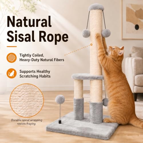 Dimaka Tall Cat Scratching Post, Double Lower Posts Extra Stable Cat Post Tree Scratcher with Sisal Rope and Teasing 4 Balls Total Large Base (Grey) - color: Grey