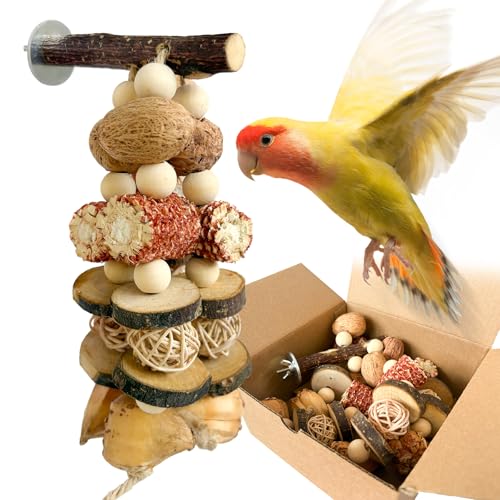 Bird Chew Toy - Natural Apple Wood Corn Cob Parrot Chew Toy, Multi-Functional Cage Hanging Foraging Toy for Budgies, Cockatiels, Conures, Lovebirds & Other Small Medium Birds