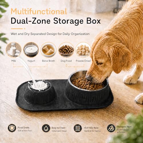 2-in-1 Dog Licking Bowl with Rolling Ball, Stainless Steel Dog Bowls & No-Spill Silicone Lick Mat for Dogs, Wet Dry Separation Dog Slow Feeder Puzzle Licking Toy for Dogs and Cats