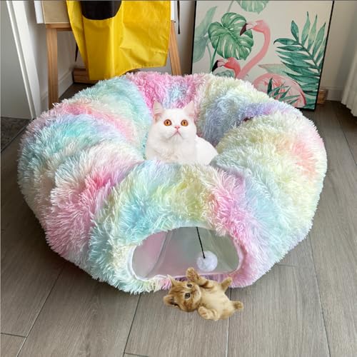 Cat Bed Tunnel Tube Toy Rainbow Plush - color: Colorful Plush