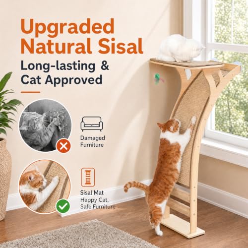Cat Window Perch with Scratcher Ramp, 48-Inch Tall Wooden Climbing Tree - size: Medium