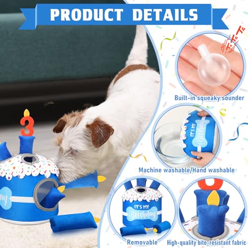 Foilswirl Dog 3rd Birthday Cake Toy Squeaky Interactive Dog Toy Hide and Seek Plush Dogs Puzzle Puppy Toys for Boredom Keep Them Busy for Small Medium Dogs(Blue) - size: Blue, style: 3rd