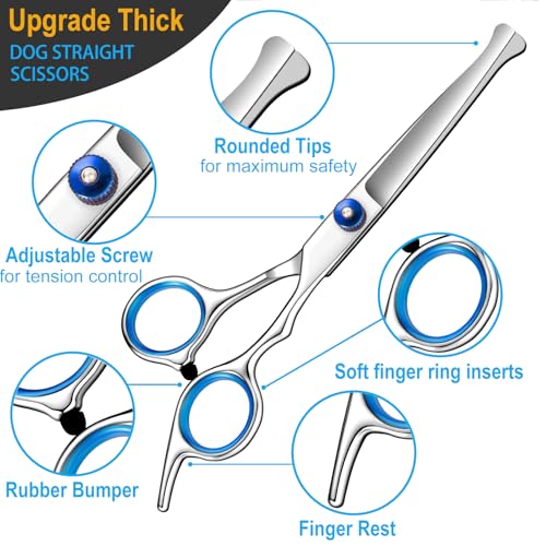 5 in 1 Upgraded Thicken Dog Grooming Scissors, Professional Dog Scissors for Grooming with Safety Round Tips, Lengnoyp Stainless Steel Thinning Shears, Pet Cat Shears for Grooming Kit