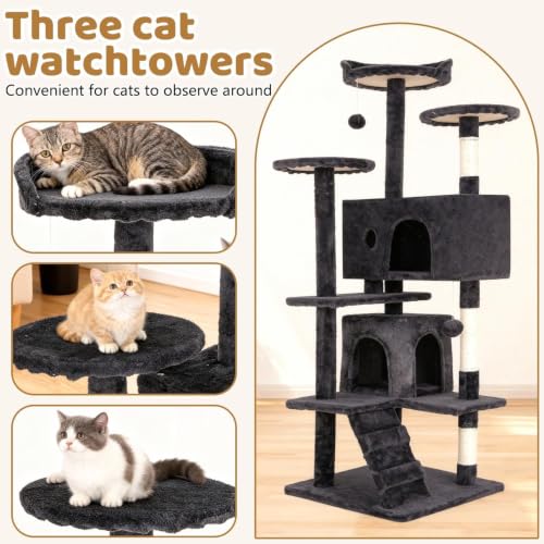BestOffice 54" Cat Tree with Toy, Multi-Level Cat Tower Indoor Dark Gray - color: Dark Gray, size: 54 Inch