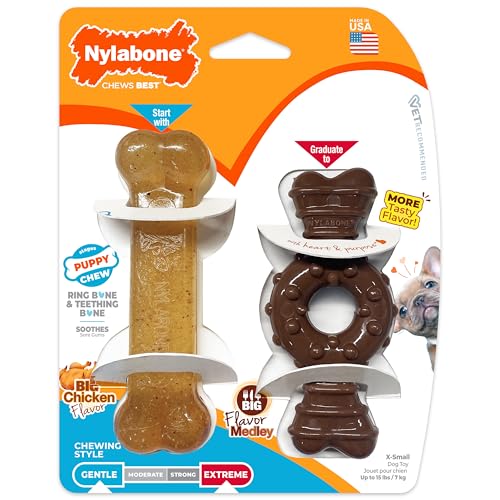 Nylabone Puppy Chew Teething Bone and Ring Bone Dog Chew Toys, 2 Count - color: Ring Bone & Teething Bone, size: X-Small