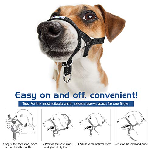 Pawaboo Dog Muzzle, Head Halter Collar for Dog Nylon Reflective Adjustable - color: Black, size: Medium